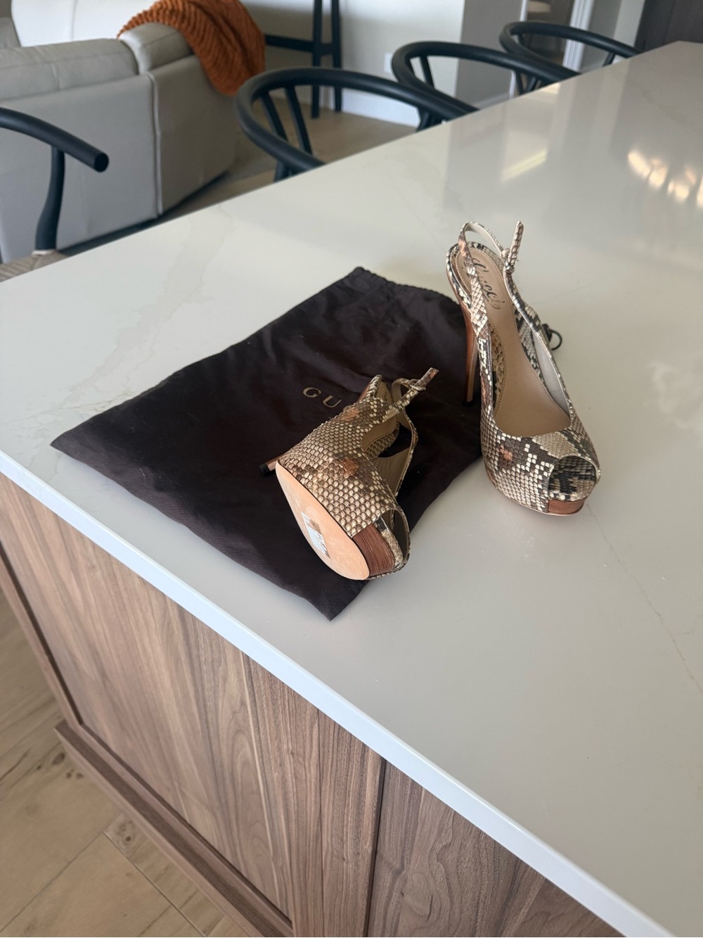 Gucci Snake-Print Peep-Toe Slingback Heels in Brown and Cream